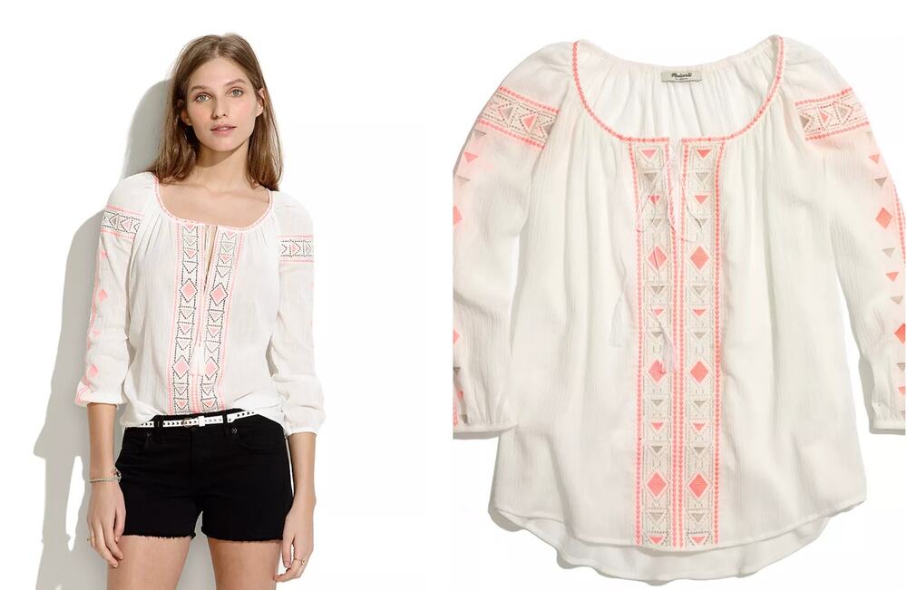 Madewell White Orange Loose Fit Embroidered Peasant Cover Up Top Size L Large